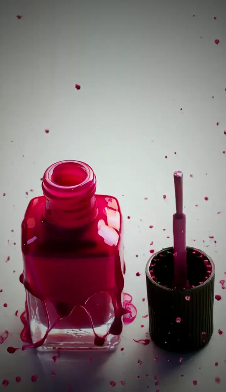 Флакон, облитий глянцевим малиновим лаком, поруч пензлик у ковпачку
